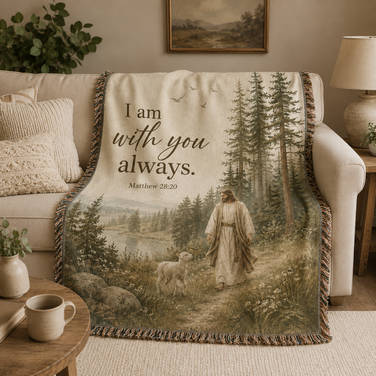 Matthew 28:20 Christian woven blanket softly draped over a neutral sofa
