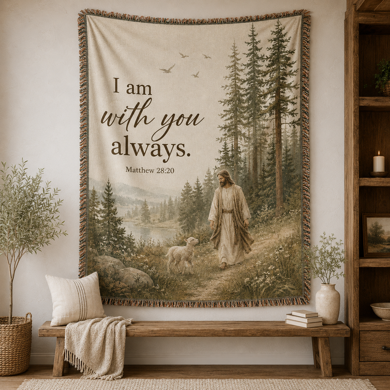 Matthew 28:20 I Am With You Always woven blanket displayed as Christian wall decor