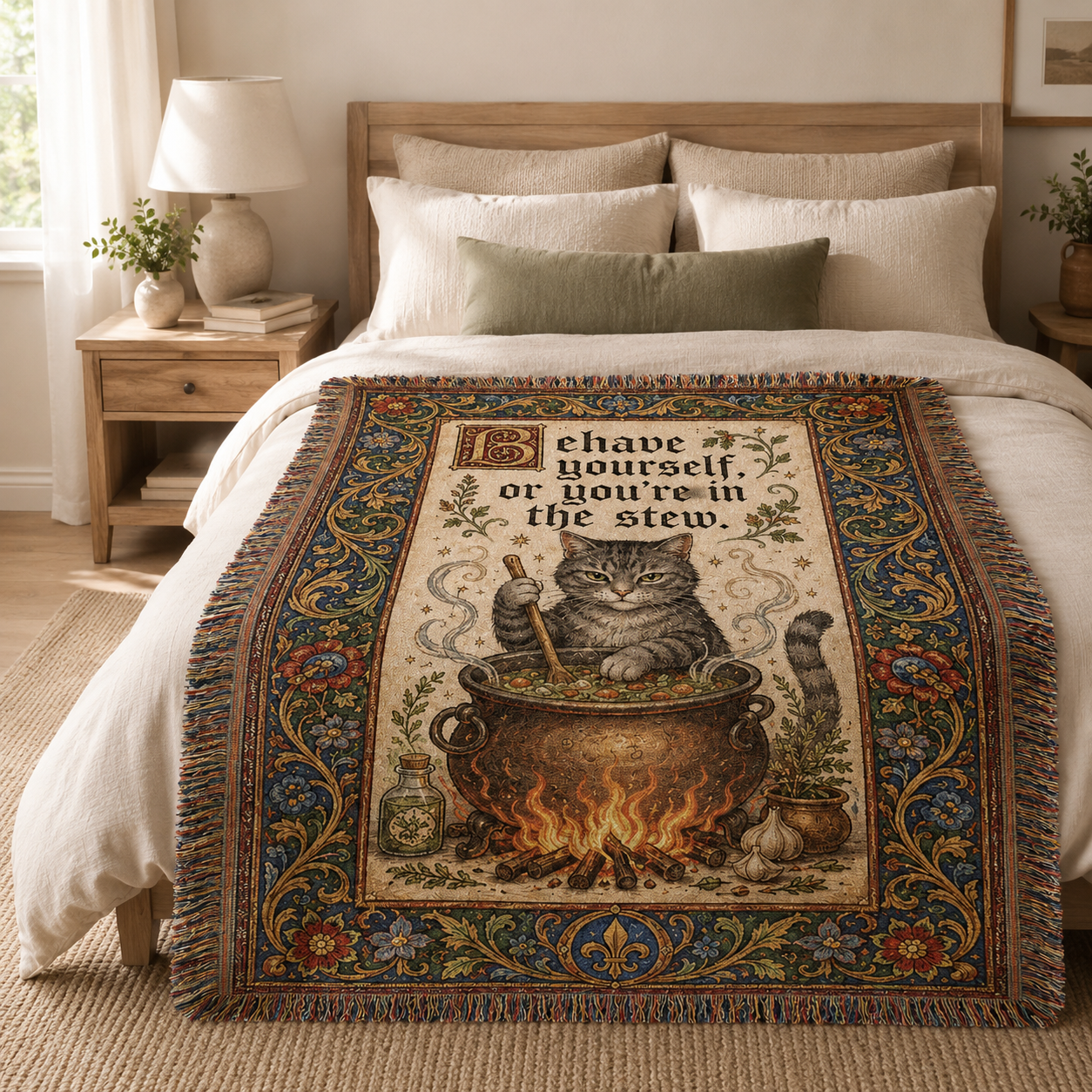 Medieval cat cauldron woven blanket arranged across a warm neutral bedroom