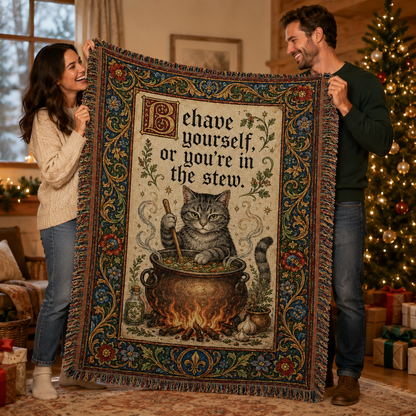 Couple holding a humorous medieval cat stew woven blanket as a cozy holiday gift