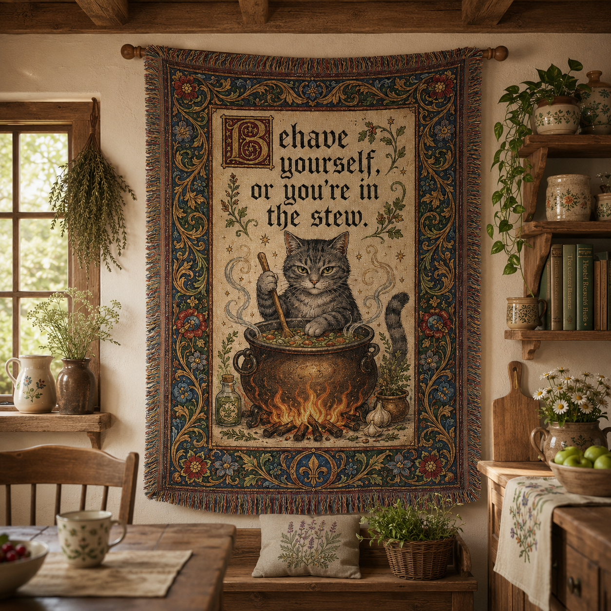 Medieval cat stew woven blanket displayed as rustic kitchen wall tapestry decor