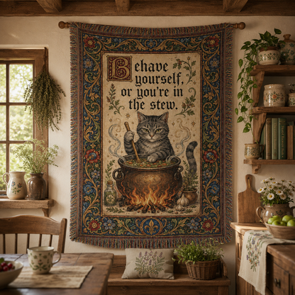 Medieval cat stew woven blanket displayed as rustic kitchen wall tapestry decor