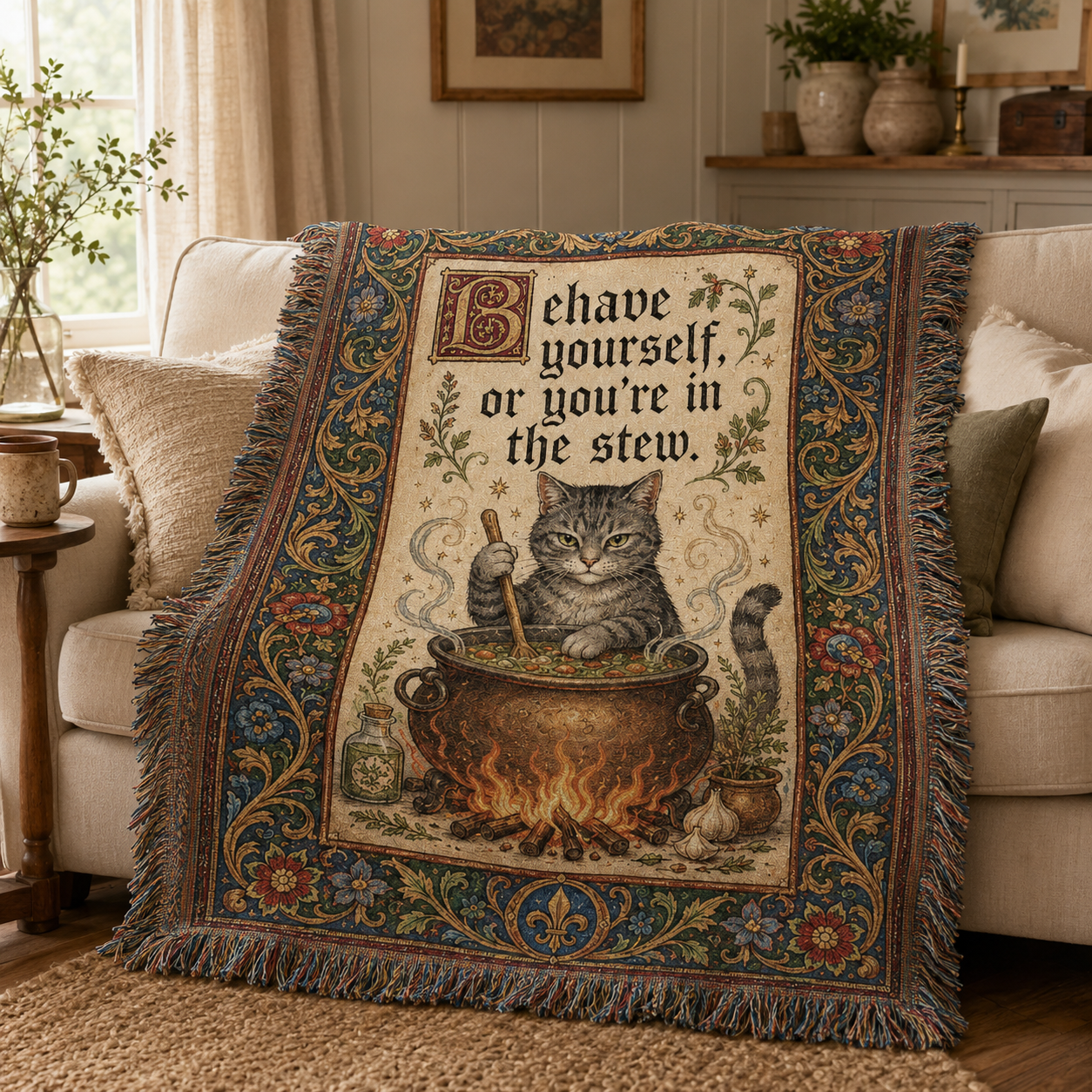 Humorous medieval cat stew woven blanket styled on a cozy neutral living room sofa
