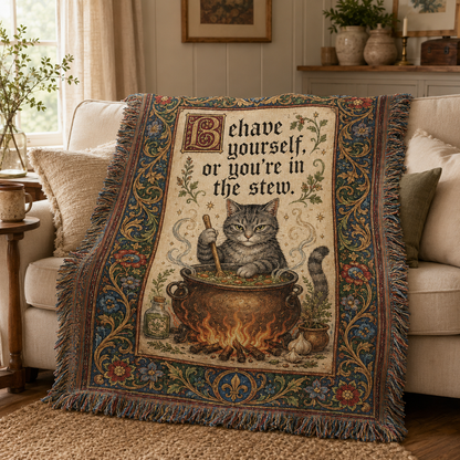 Humorous medieval cat stew woven blanket styled on a cozy neutral living room sofa