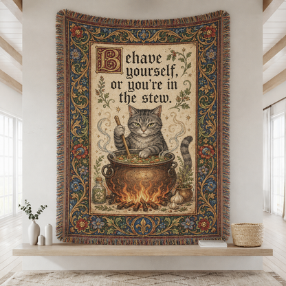 Medieval cat stirring a cauldron woven blanket with ornate floral border and humorous quote