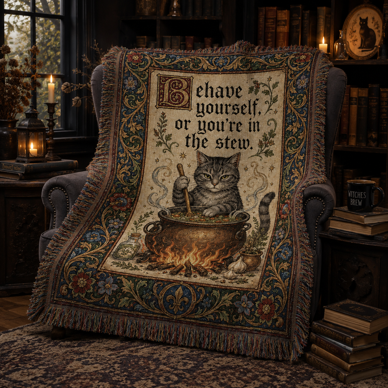 Medieval cat cauldron woven blanket displayed in a dark academia reading nook