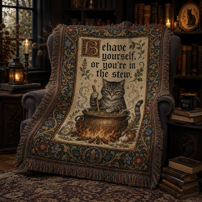 Medieval cat cauldron woven blanket displayed in a dark academia reading nook