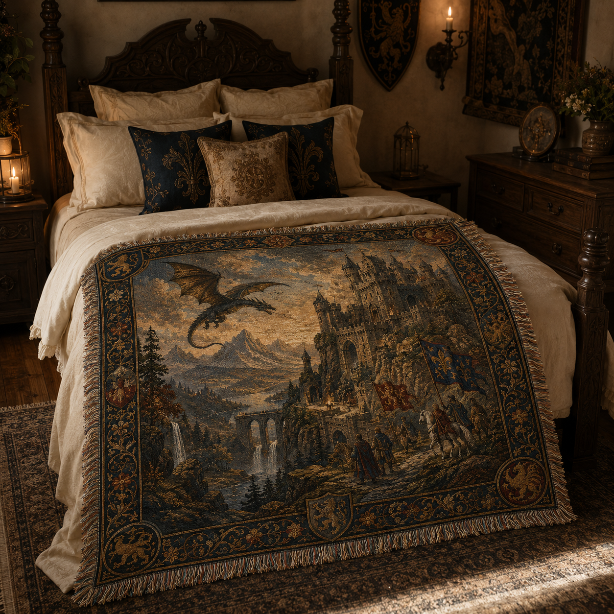 Medieval dragon castle woven blanket displayed on a gothic style bed