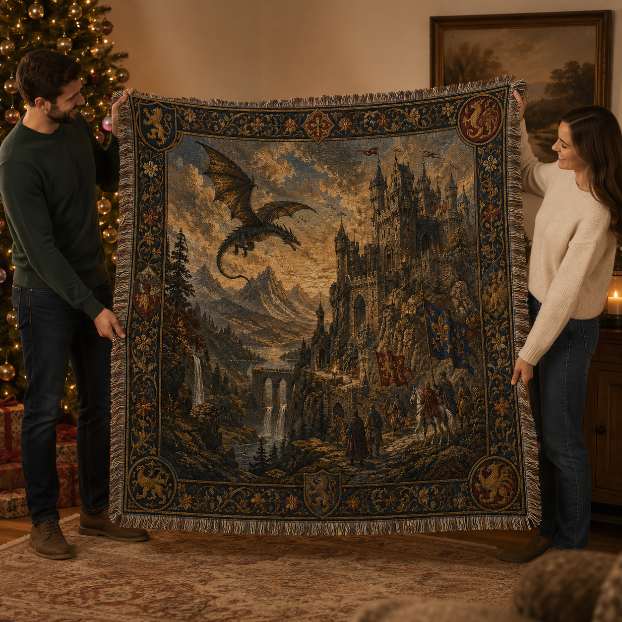 Couple holding a medieval dragon castle woven blanket as a fantasy gift