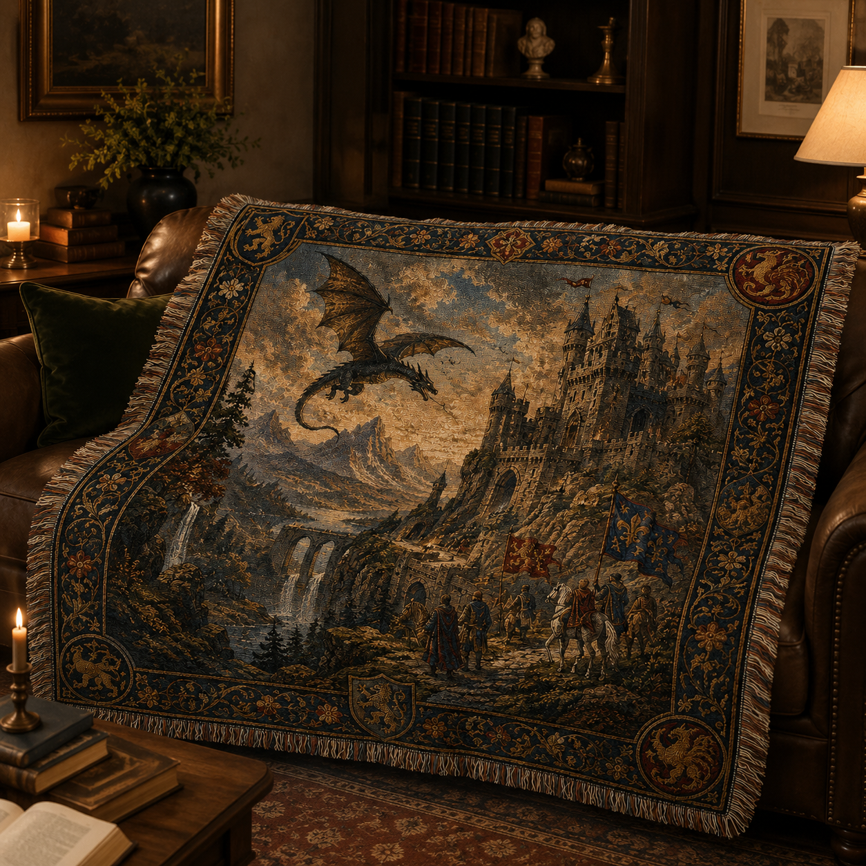 Medieval dragon castle woven blanket styled across a leather sofa in a warm library