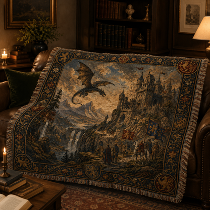 Medieval dragon castle woven blanket styled across a leather sofa in a warm library