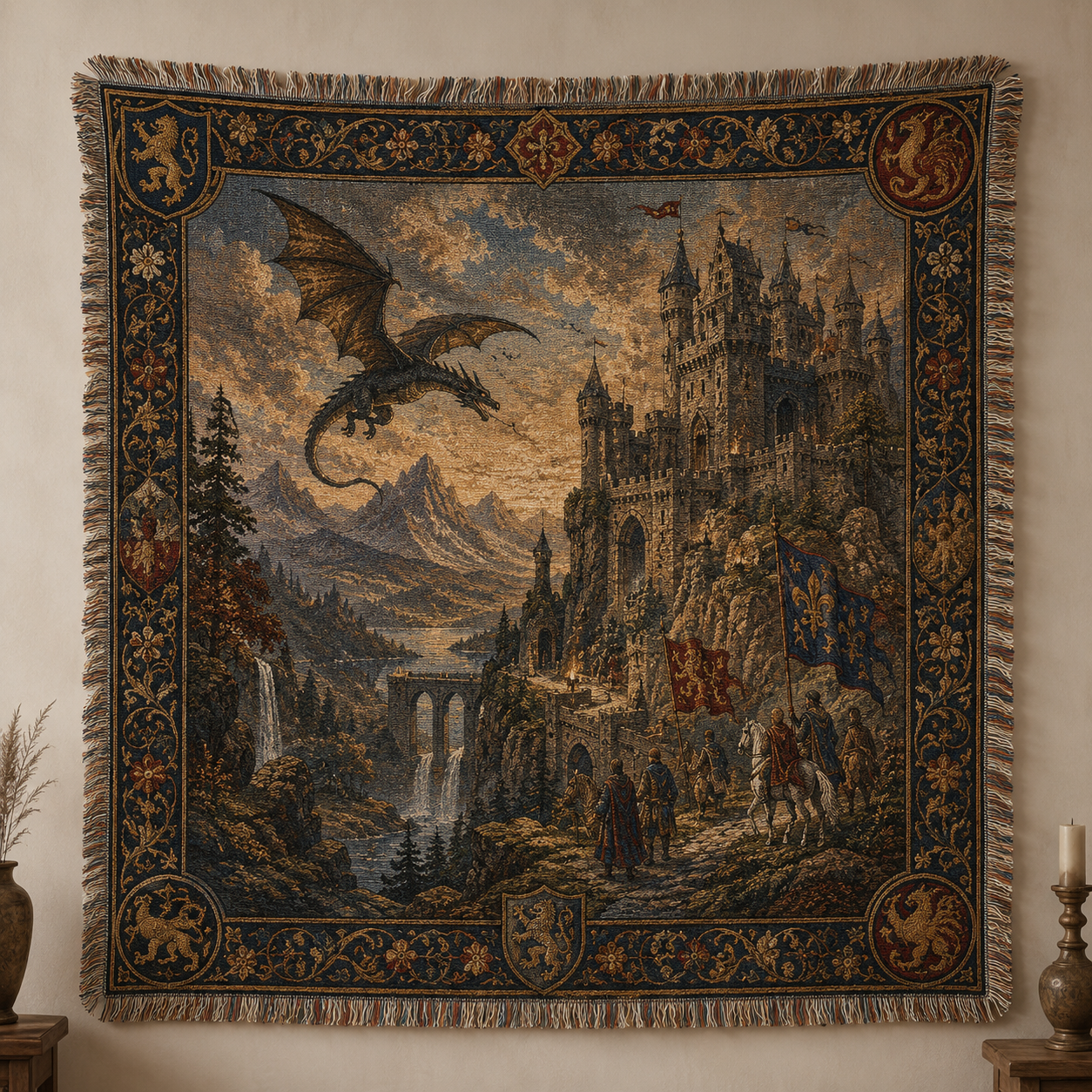 Medieval dragon castle woven blanket with heraldic border and fringe