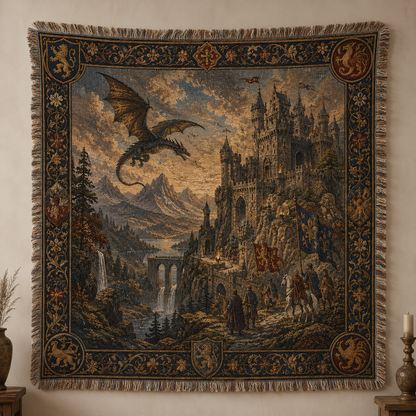 Medieval dragon castle woven blanket with heraldic border and fringe