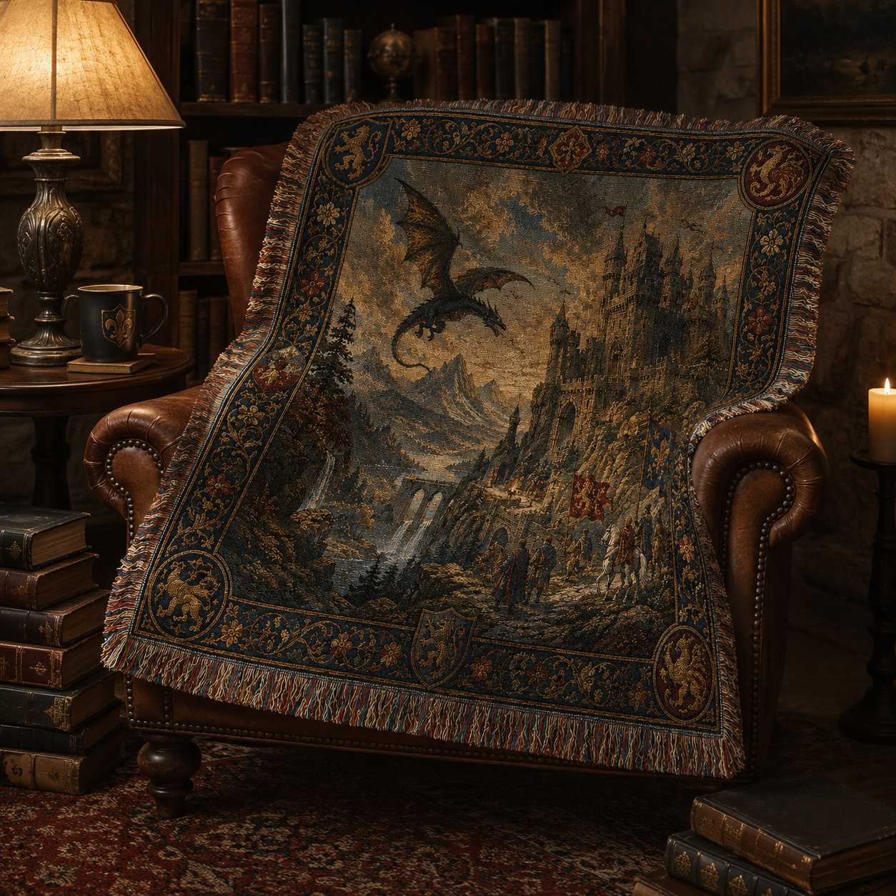 Medieval dragon castle woven blanket draped over a leather reading chair