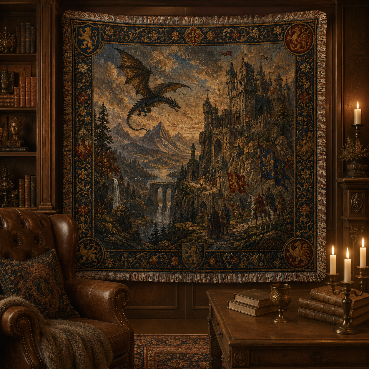 Medieval dragon castle woven tapestry displayed in a candlelit dark academia study