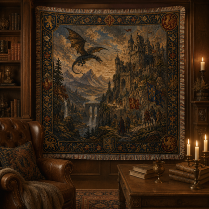 Medieval dragon castle woven tapestry displayed in a candlelit dark academia study