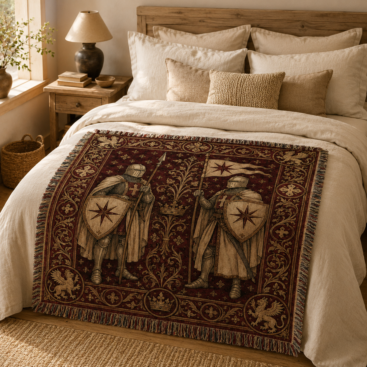 Medieval guardian woven tapestry blanket styled across a cozy rustic bedroom bed
