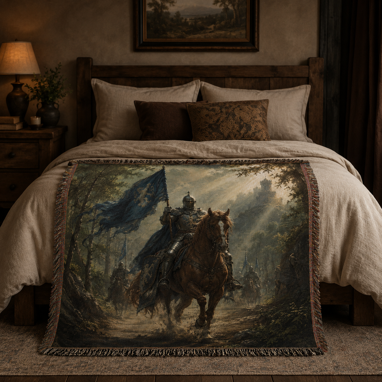 Medieval knight woven throw blanket displayed across a rustic bedroom bed