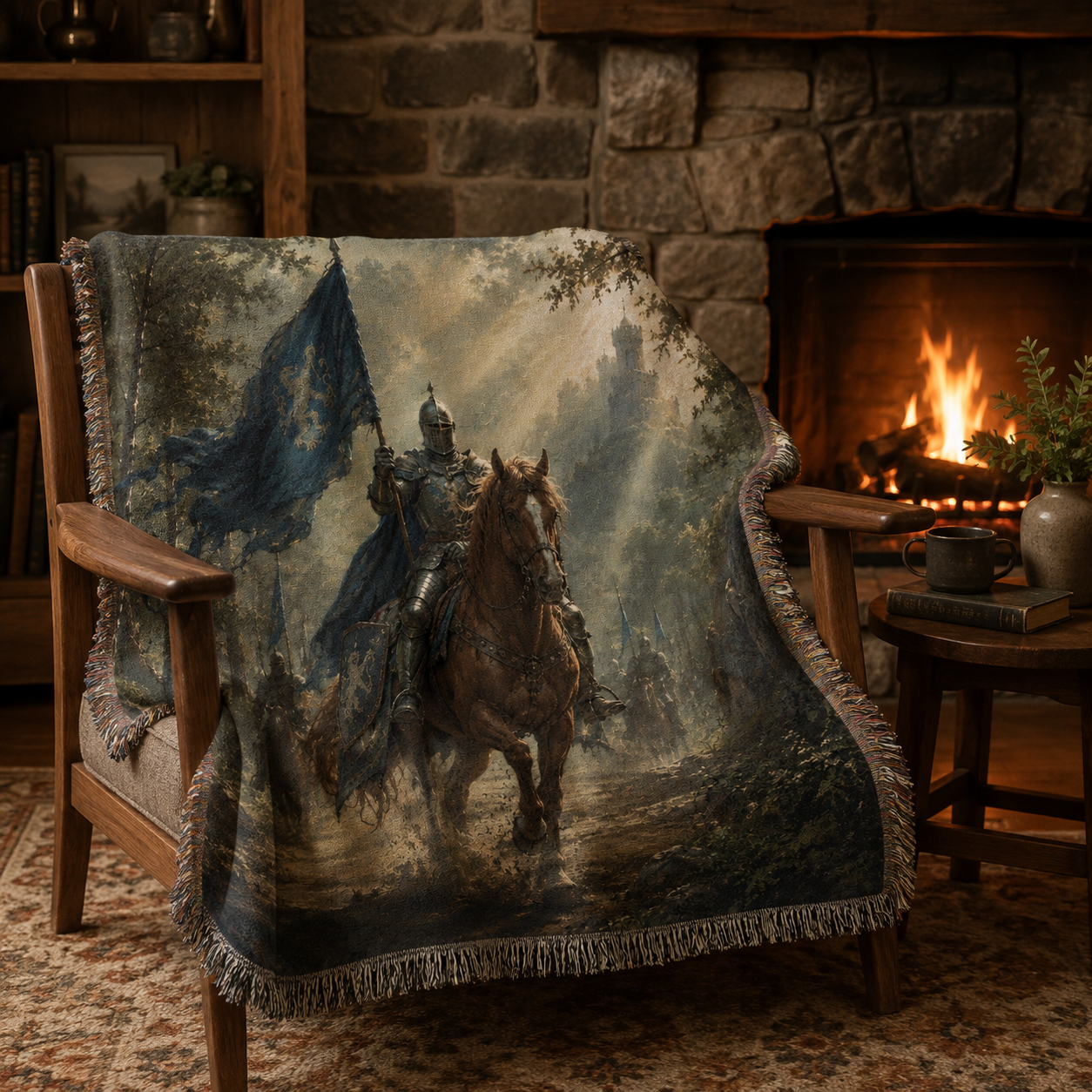 Medieval knight woven blanket draped over a wooden chair beside a stone fireplace