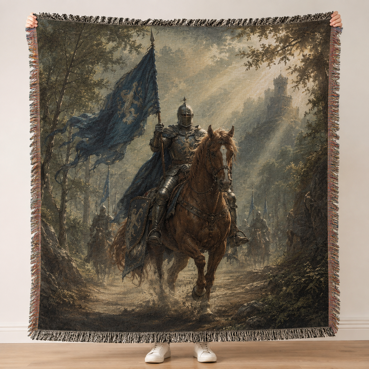 Medieval knight woven throw blanket with blue banner and misty castle scene
