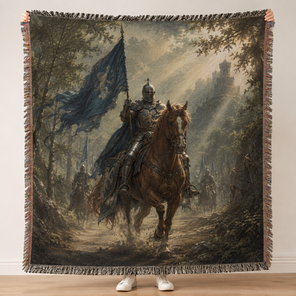 Medieval knight woven throw blanket with blue banner and misty castle scene