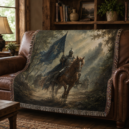 Knight and horse woven blanket styled on a rustic brown leather sofa