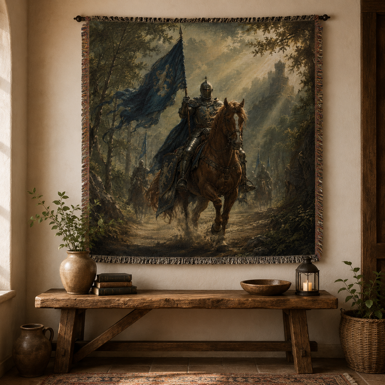 Medieval knight tapestry blanket displayed as rustic wall decor above a wooden bench