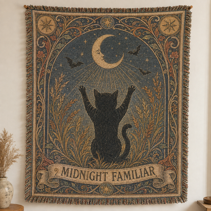 Midnight Familiar black cat crescent moon woven blanket with vintage tarot style border and decorative fringe