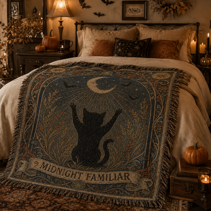Midnight Familiar crescent moon black cat woven blanket styled across a cozy Halloween bedroom with pumpkins and candlelight
