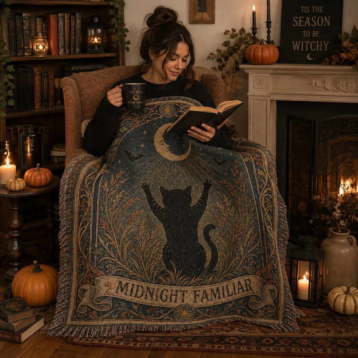 Midnight Familiar black cat crescent moon woven blanket wrapped softly around a reader in a warm witchy Halloween reading nook