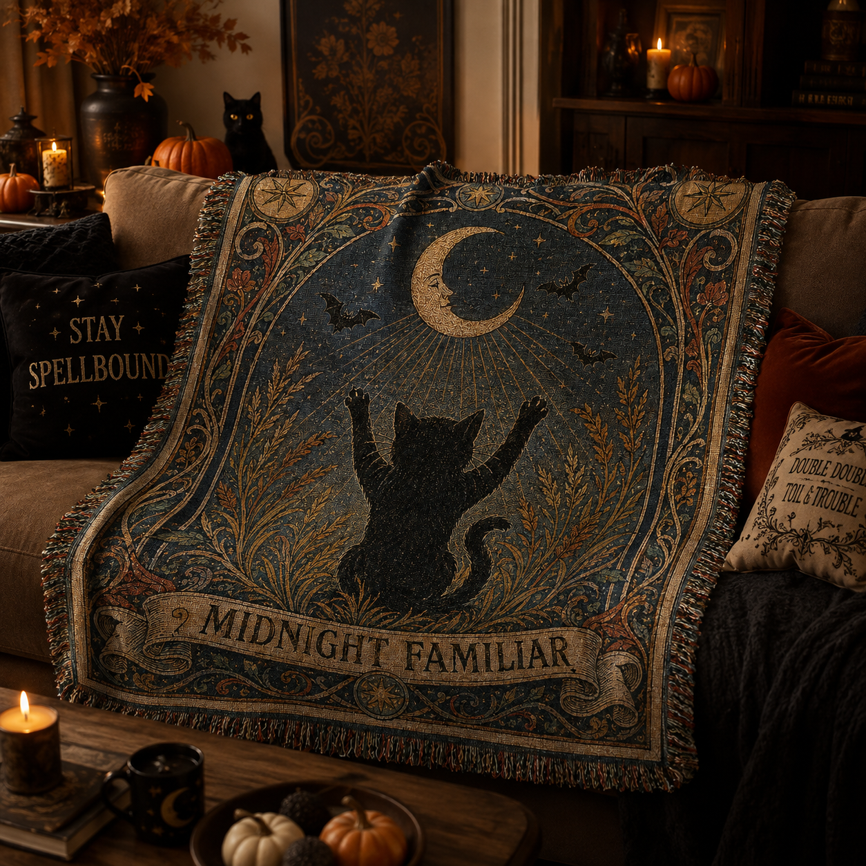 Midnight Familiar black cat woven blanket draped softly over a sofa in a cozy witchy Halloween living room