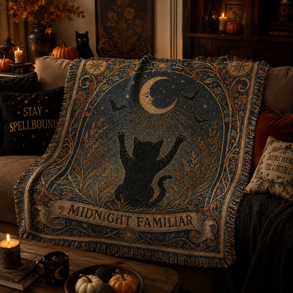 Midnight Familiar black cat woven blanket draped softly over a sofa in a cozy witchy Halloween living room