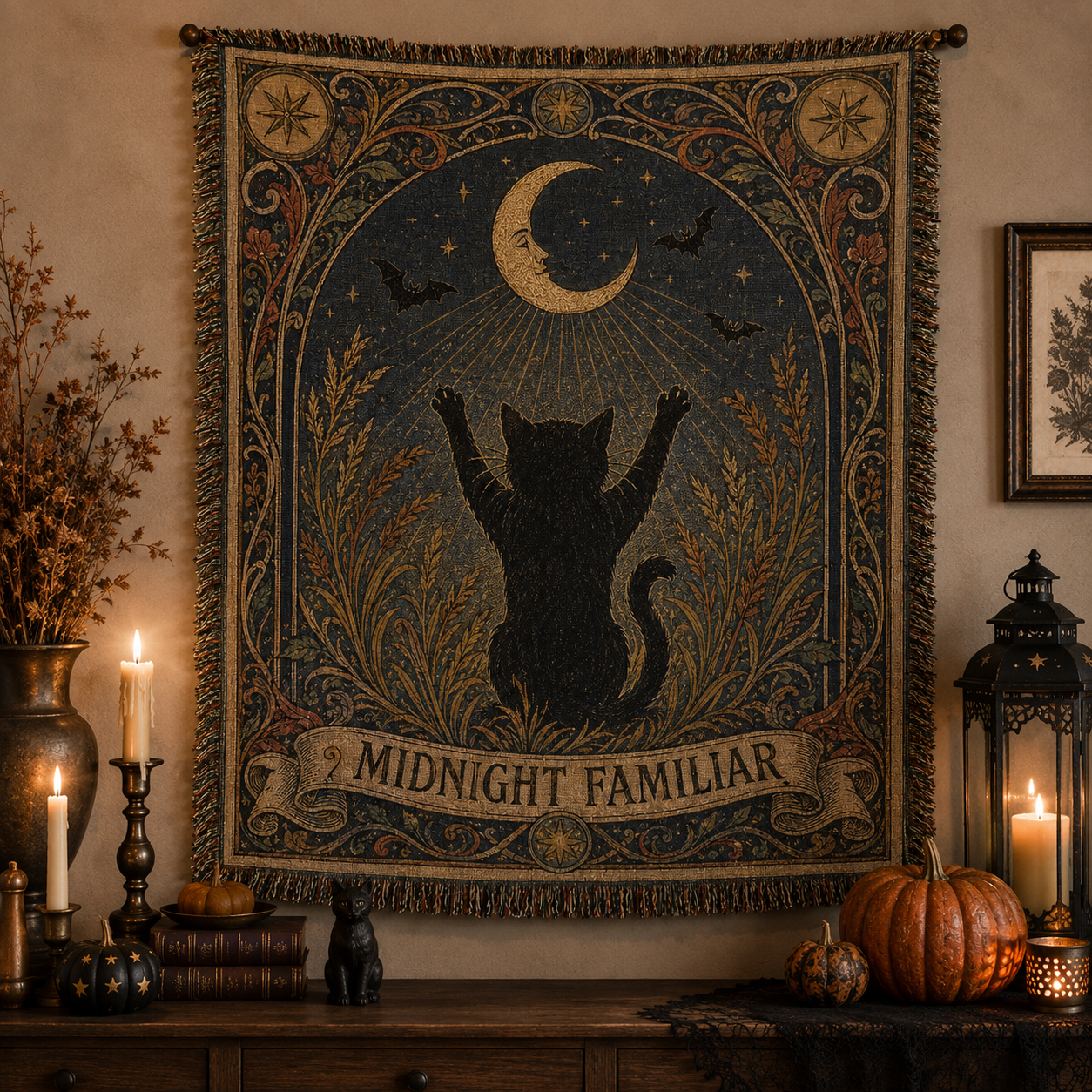 Midnight Familiar black cat crescent moon woven blanket displayed as vintage witchy Halloween wall decor with candles and pumpkins