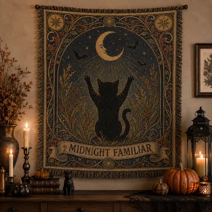 Midnight Familiar black cat crescent moon woven blanket displayed as vintage witchy Halloween wall decor with candles and pumpkins