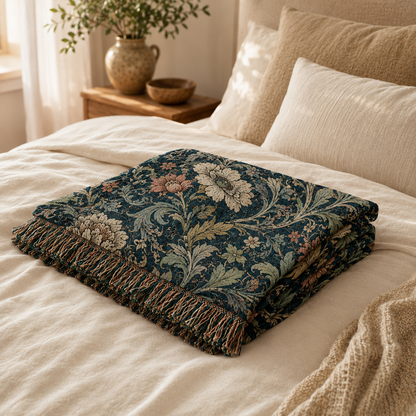 Folded midnight garden floral woven blanket displayed on a warm neutral bed