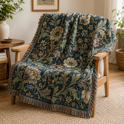 Midnight garden floral woven blanket draped over a wooden chair in a warm reading corner