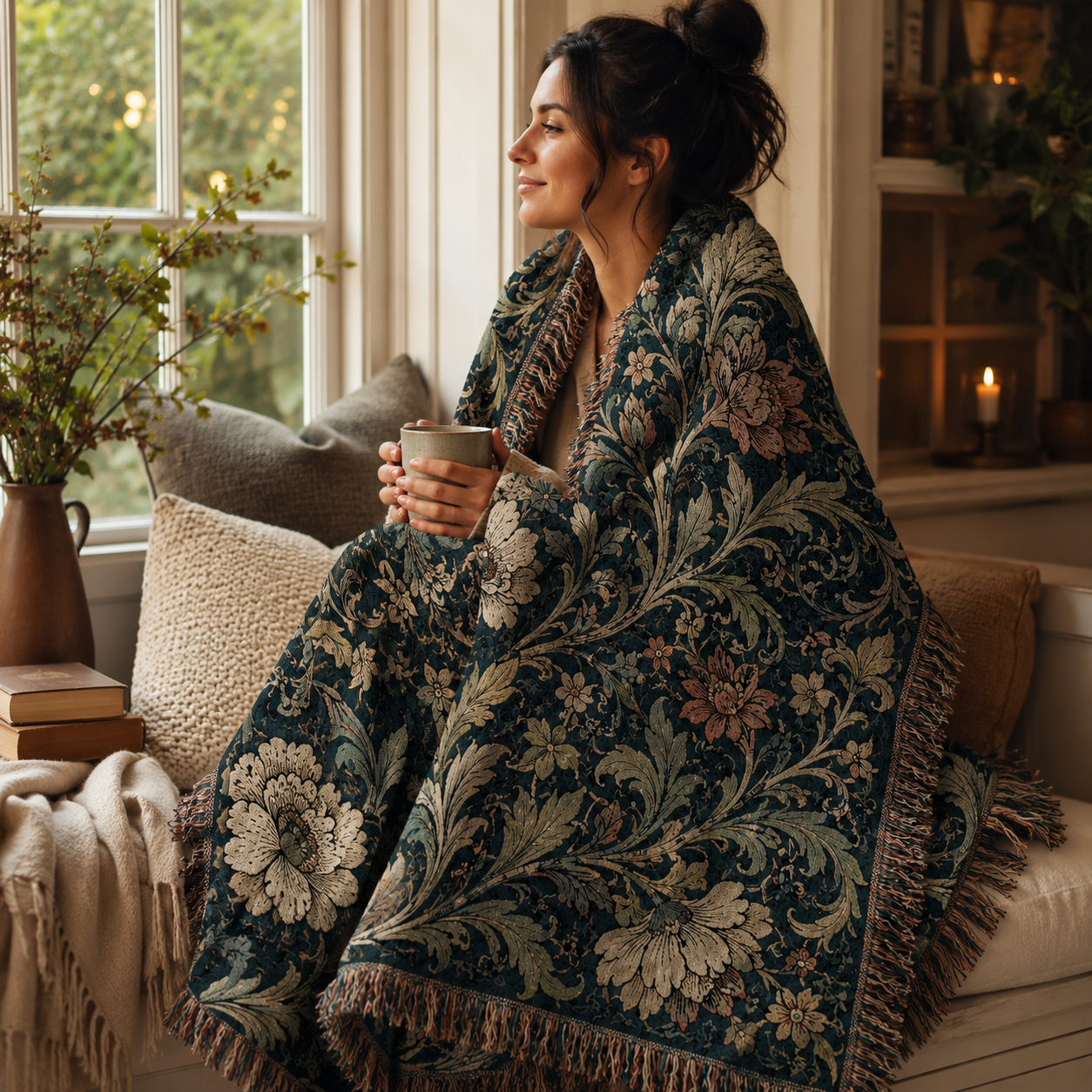 Woman wrapped in a midnight garden floral woven blanket while relaxing by a window with a warm drink