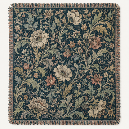 Midnight garden floral woven blanket with teal background, ivory flowers and multicolor fringe