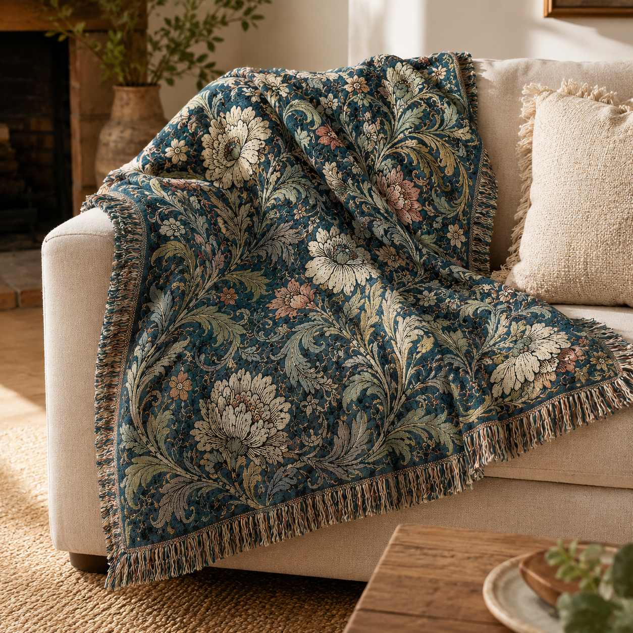 Midnight garden floral woven blanket styled on a cream sofa beside a rustic fireplace