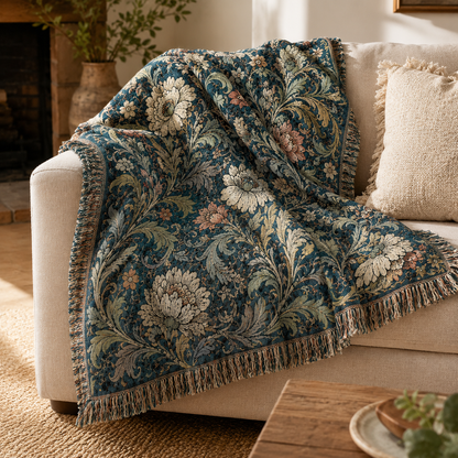 Midnight garden floral woven blanket styled on a cream sofa beside a rustic fireplace