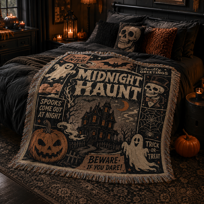 Midnight Haunt Halloween woven throw layered softly across a dark cozy bedroom bed