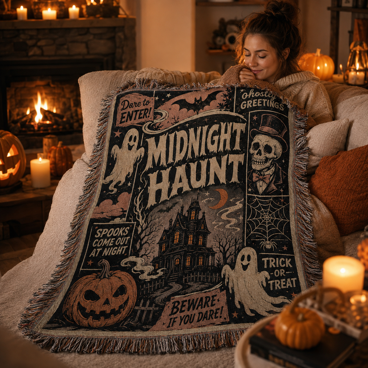 Woman relaxing with a soft Midnight Haunt Halloween woven blanket by a warm fireplace