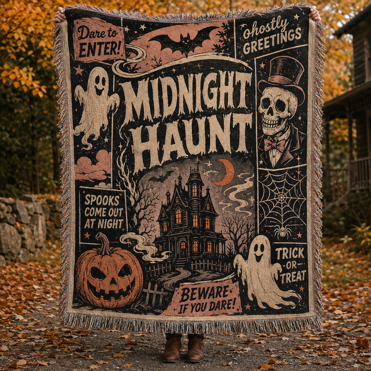 Midnight Haunt Halloween woven throw blanket with haunted house ghosts pumpkin skull bats and fringe
