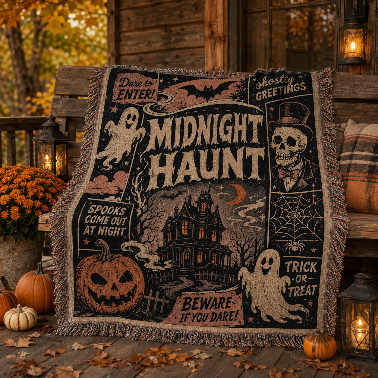Midnight Haunt Halloween woven throw draped softly on a rustic autumn porch with pumpkins and lanterns