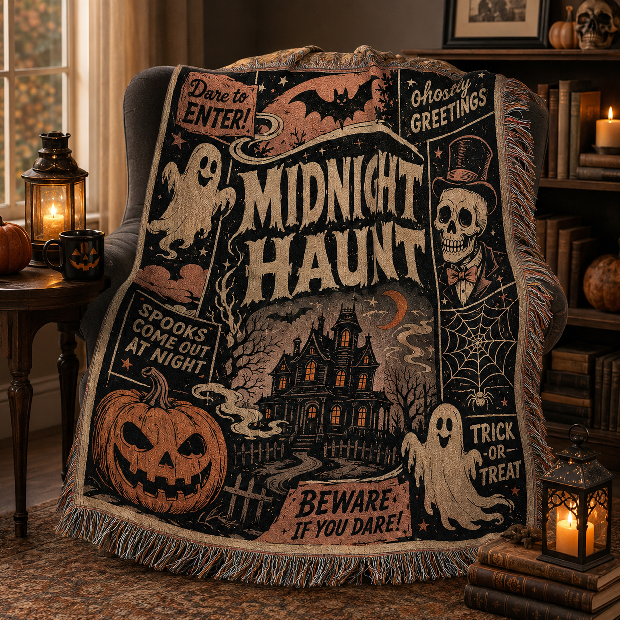Midnight Haunt Halloween woven blanket with soft folds on a cozy reading chair beside books and lanterns