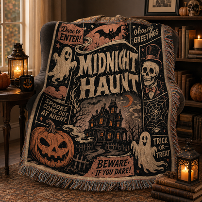 Midnight Haunt Halloween woven blanket with soft folds on a cozy reading chair beside books and lanterns