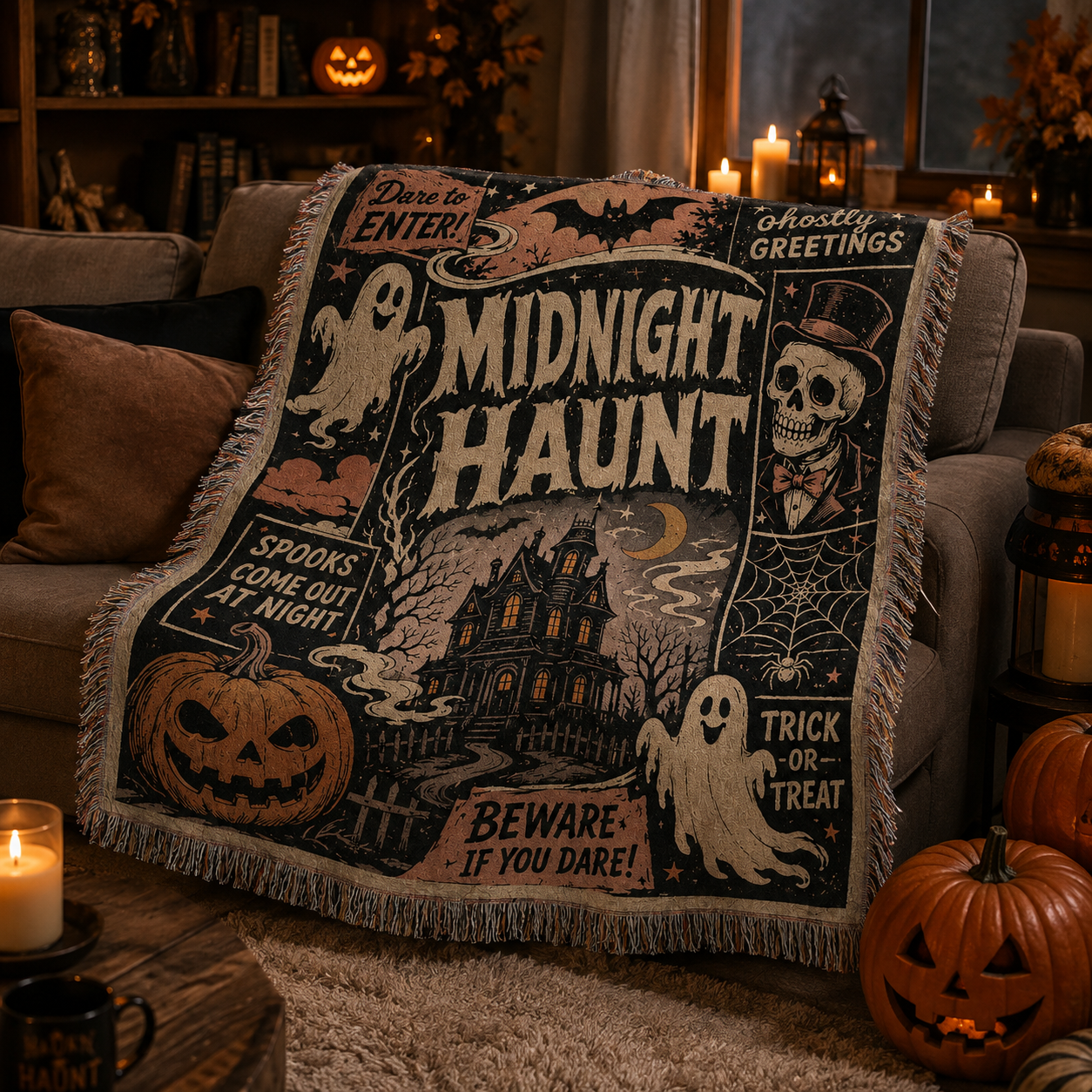 Soft Midnight Haunt Halloween woven blanket draped over a cozy sofa with pumpkins and candlelight