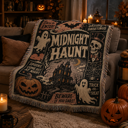 Soft Midnight Haunt Halloween woven blanket draped over a cozy sofa with pumpkins and candlelight