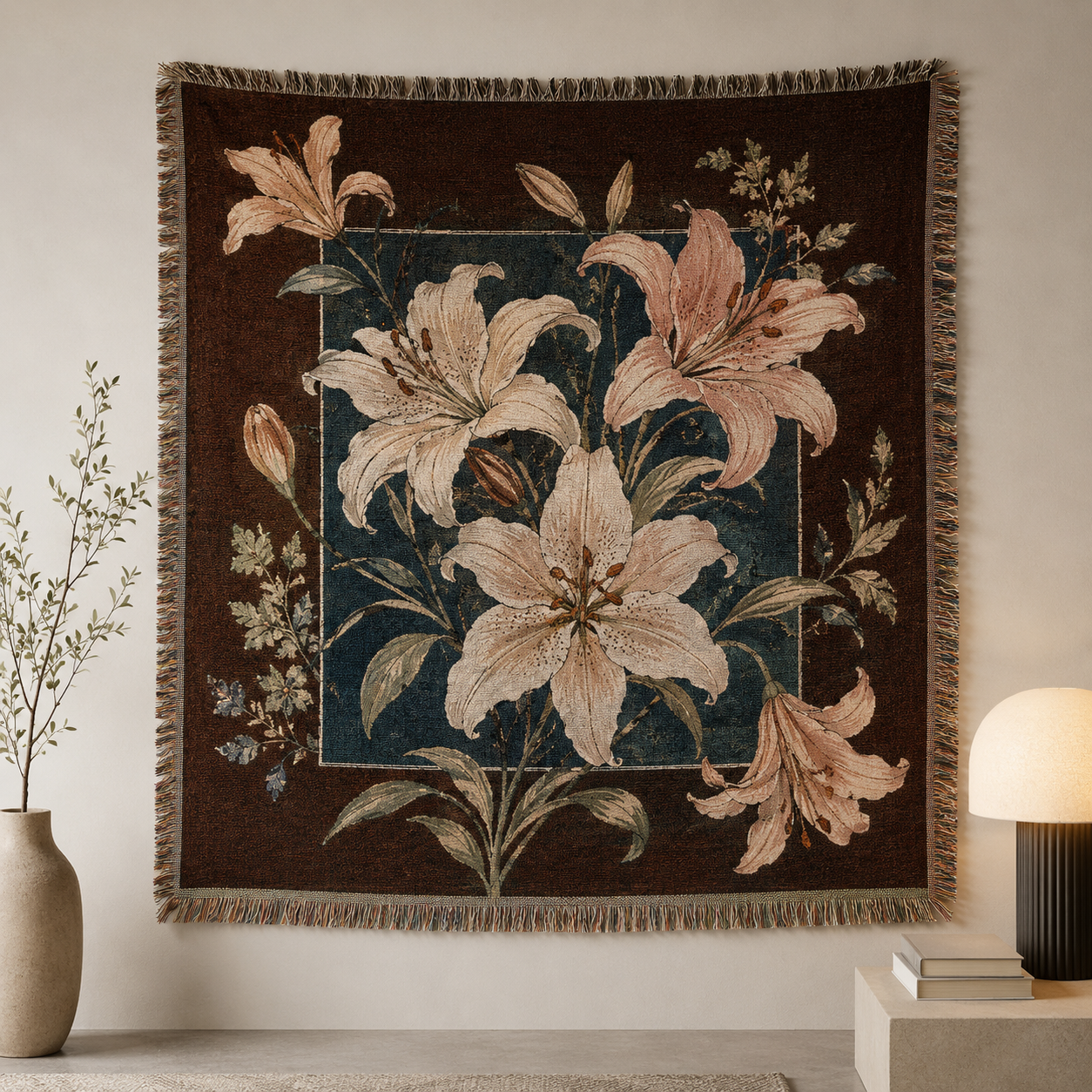 Midnight lily botanical woven blanket with blush flowers, teal panel and decorative fringe