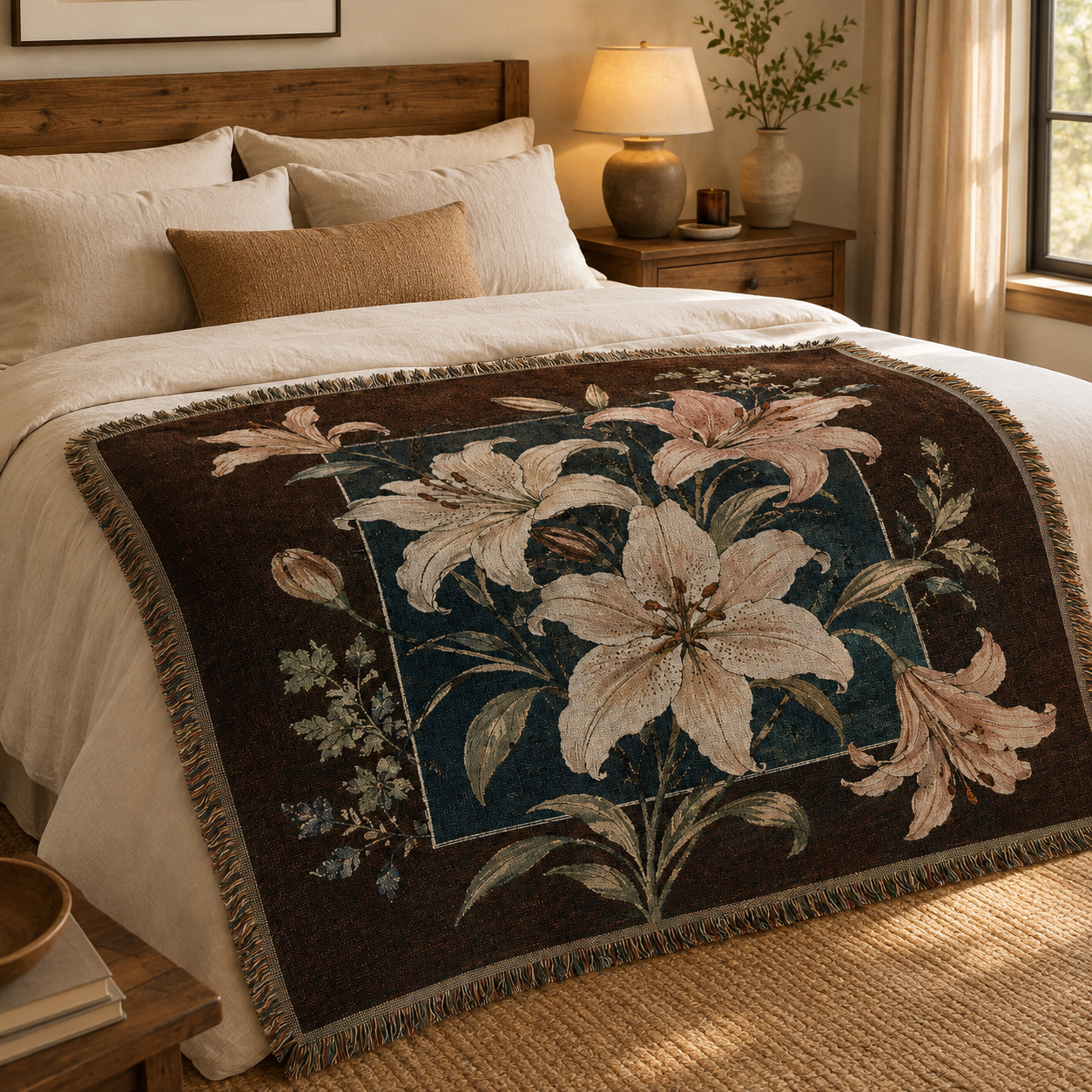 Midnight lily botanical woven blanket styled across a neutral bedroom bed